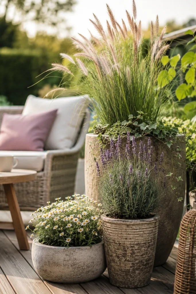 Gartendeko mit Blumentöpfen in verschiedenen Höhen auf gemütlicher Terrasse arrangiert.