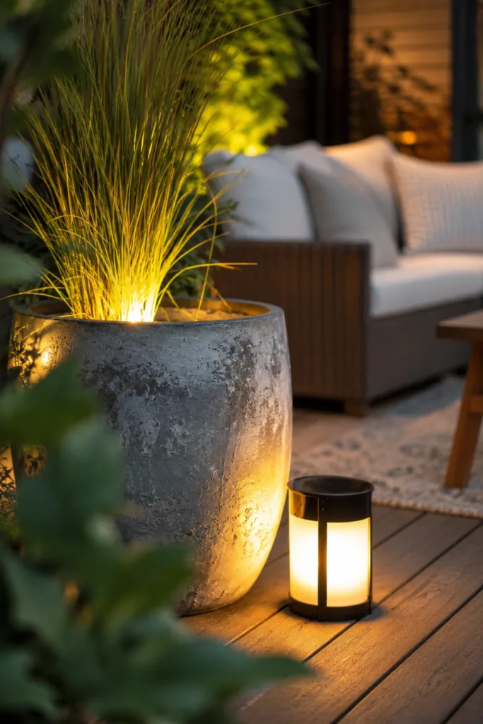 Gartendeko mit Blumentöpfen und Beleuchtung auf gemütlicher Terrasse am Abend.