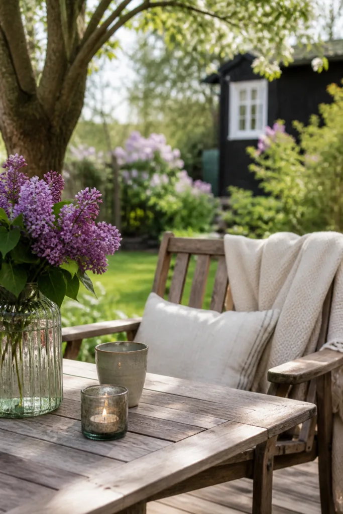 Schrebergarten Deko im Mai: gemütlicher Sitzplatz mit Holzmöbeln und Pflanzen in natürlicher Atmosphäre
