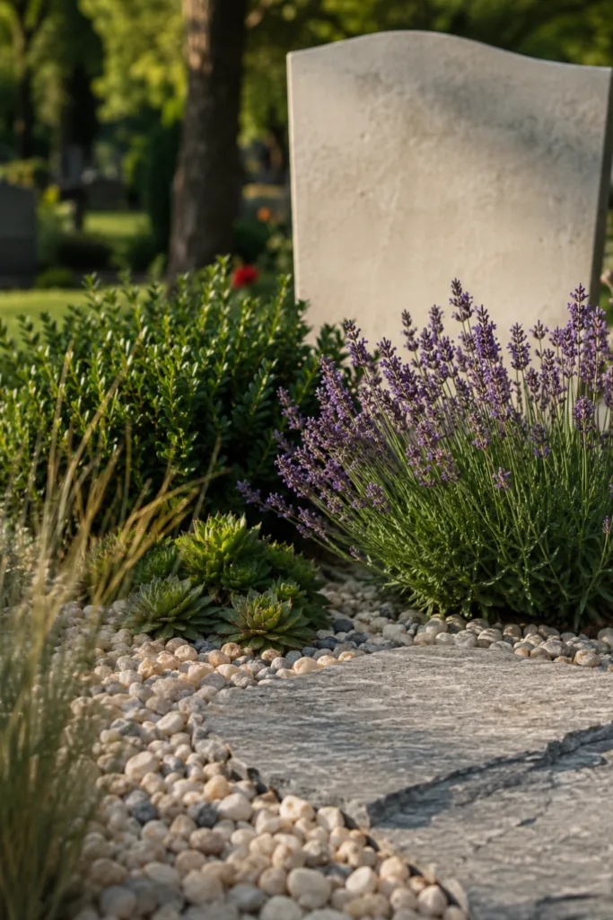Grabgestaltung im Sommer mit hellem Kies, Lavendel und Natursteinflächen auf sonnigem Grab