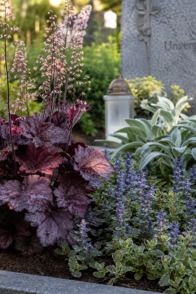 Grabgestaltung im Sommer mit Blattschmuckpflanzen, Heuchera und Funkien auf gepflegtem Grabbeet