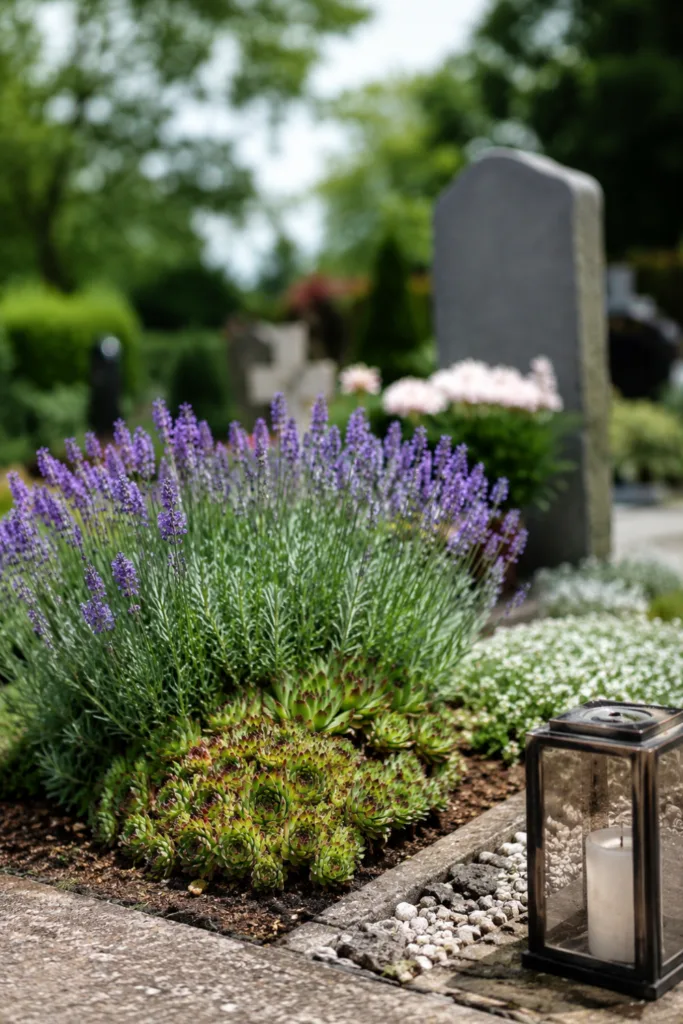 Grabgestaltung im Sommer mit Lavendel, Kies und pflegeleichten Pflanzen bei starker Sonne