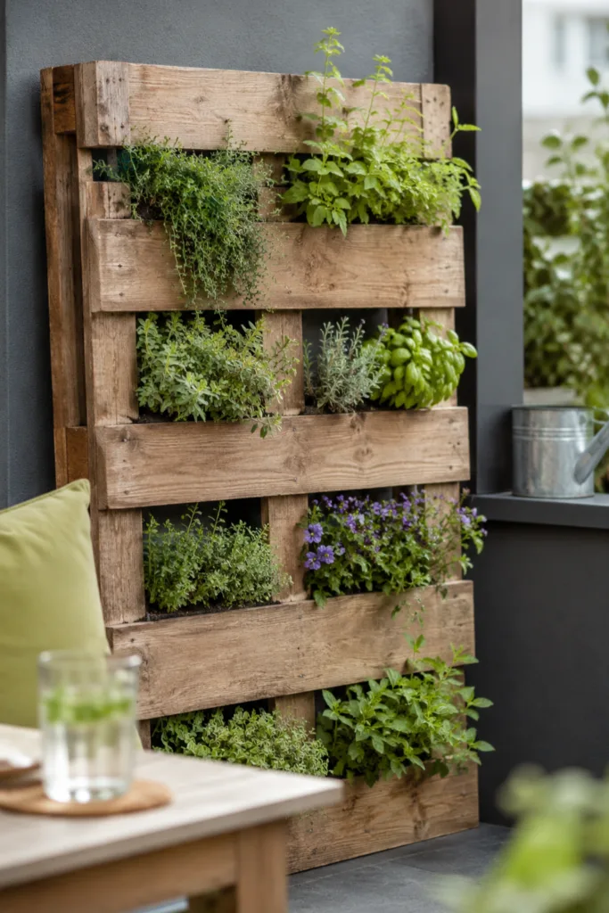 Vertikale Pflanzenwand aus Paletten mit Kräutern und Blumen auf moderner Terrasse.