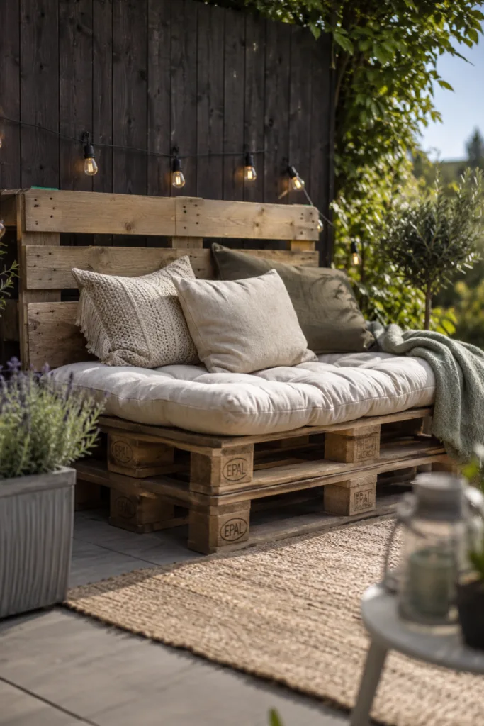 Gartendeko aus Paletten mit gemütlicher Palettenbank und heller Terrasse im Garten.