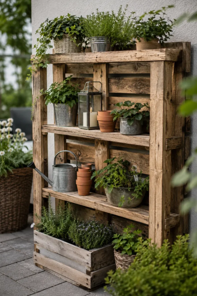 Gartendeko aus Paletten mit dekorativem Pflanzenregal und Kräutern auf der Terrasse