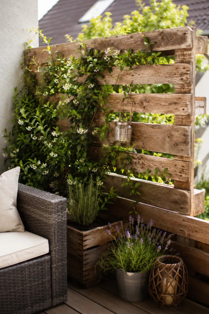 Gartendeko aus Paletten als natürlicher Sichtschutz mit Pflanzen und gemütlicher Terrasse
