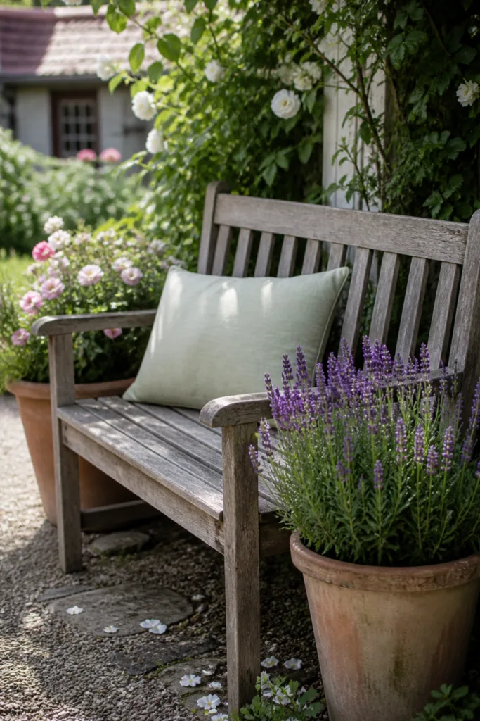 Gartenbank Deko im Mai mit Lavendel, Kissen und Terrakotta-Töpfen im natürlichen Gartenstil