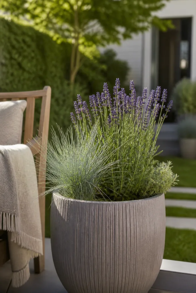 Gartendeko Reihenhausgarten Mai mit großem Pflanzkübel, Lavendel und Ziergras auf Terrasse