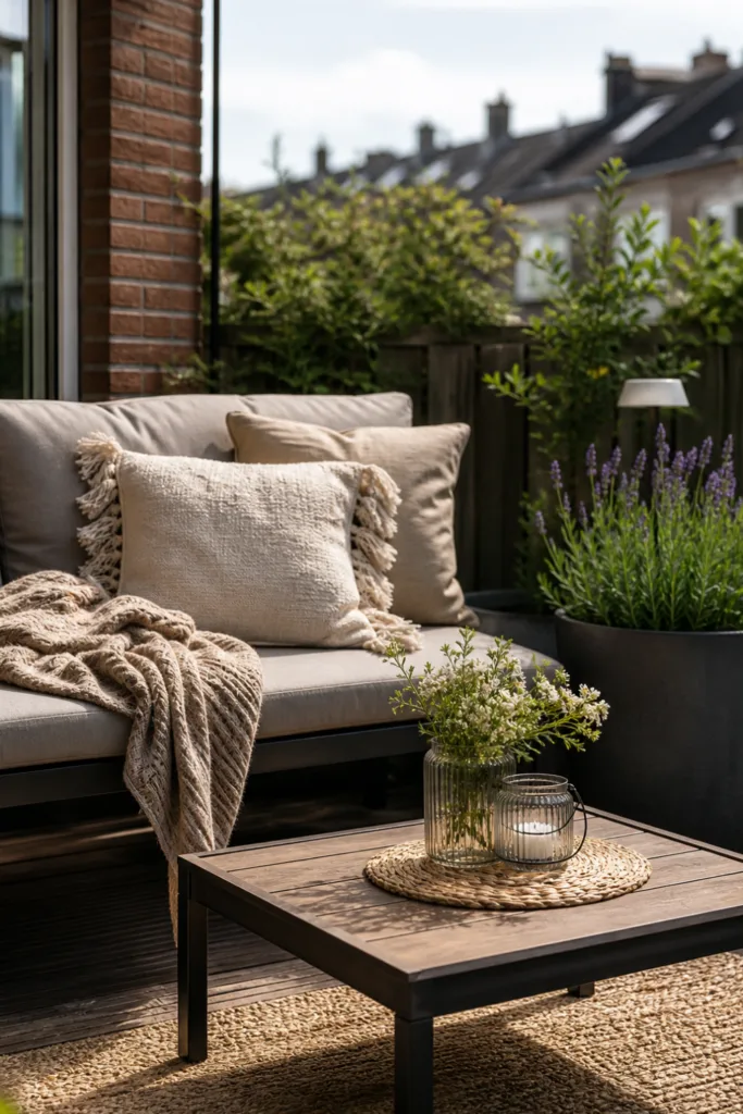 Gartendeko Reihenhausgarten Mai mit Sitzecke, Kissen, Tisch und Pflanzen im natürlichen Licht