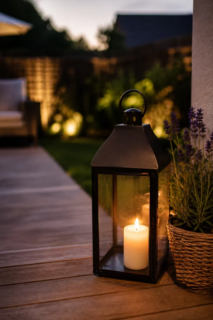 Gartendeko Reihenhausgarten Mai mit Laterne und warmem Licht auf Terrasse bei Dämmerung