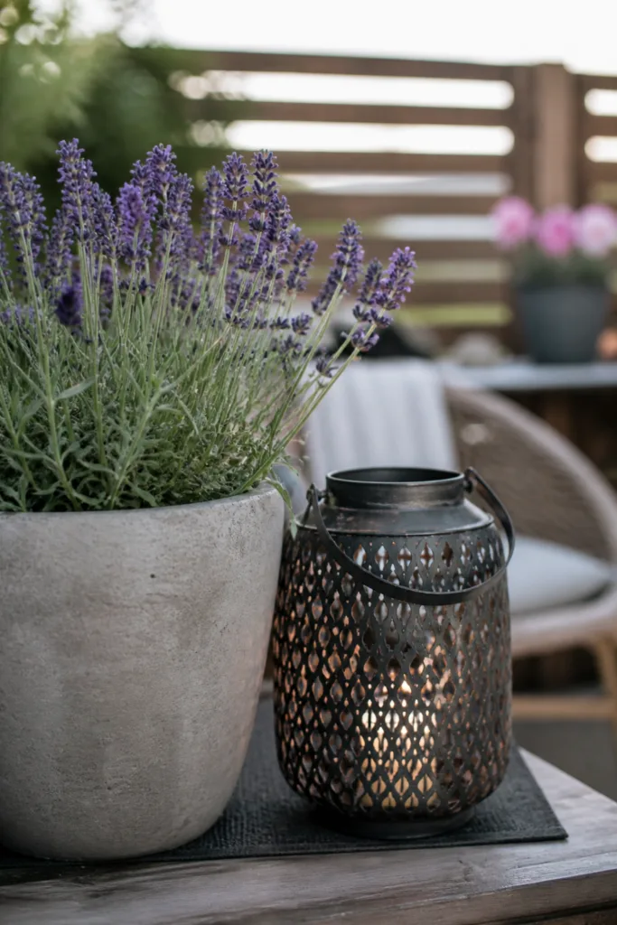 Gartendeko Reihenhausgarten Mai mit Lavendel im Kübel und Laterne auf Terrasse