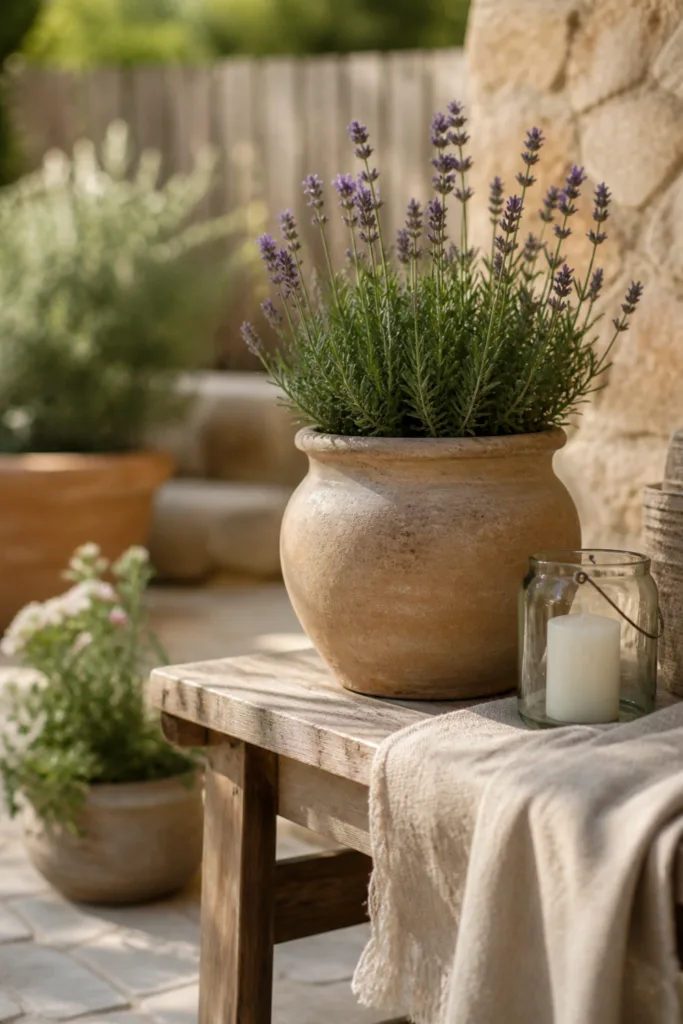 Deko kleiner Garten Mai mit Holz, Terrakotta und natürlicher Materialkombination