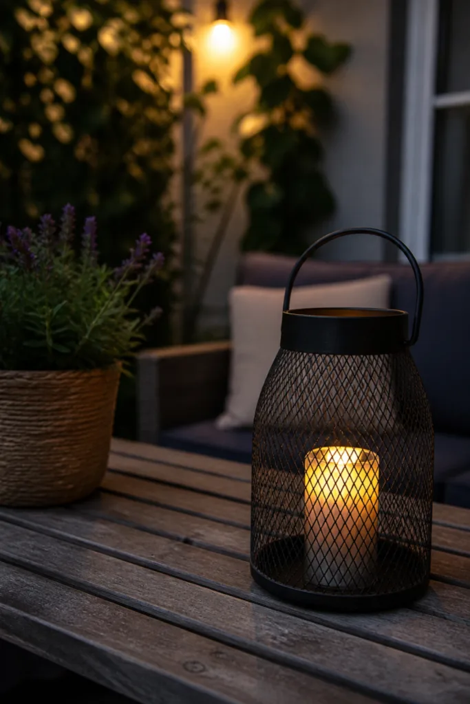 Gezielte Gartenbeleuchtung im kleinen Garten im Mai mit warmem Licht und Windlicht auf Holztisch