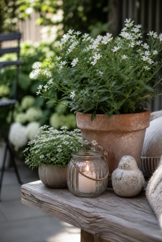 Kleine Deko-Insel im Garten mit Terrakottatopf, Kerze und Pflanzen im Mai