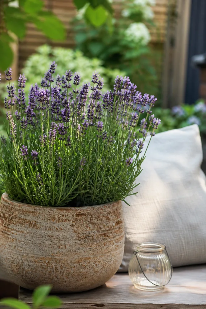 Kleiner Garten im Mai mit Lavendel im Topf als saisonale Pflanzen Deko genutzt