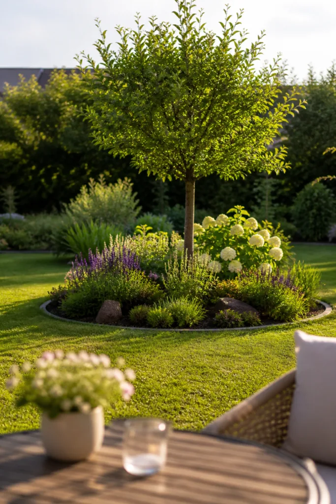 Inselbeet im Garten mit Baum und Stauden als Mittelpunkt im Rasen gestaltet
