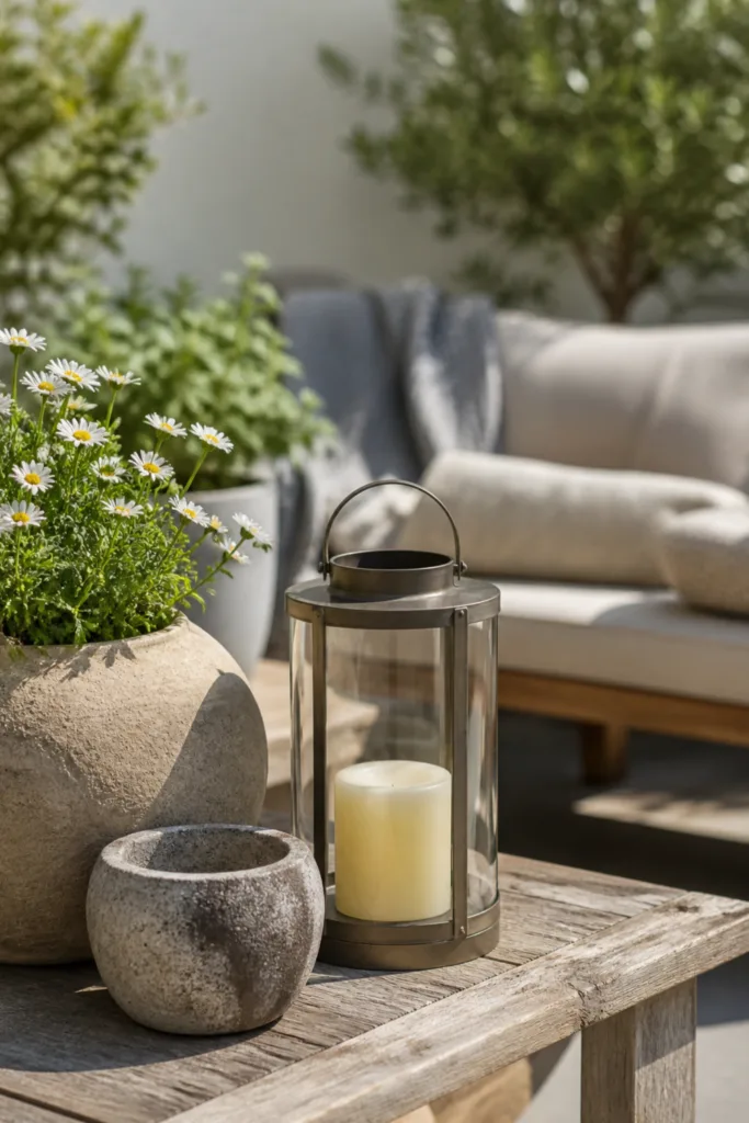 Deko draußen mit Holz, Stein und Metall auf Terrasse für harmonische Gestaltung