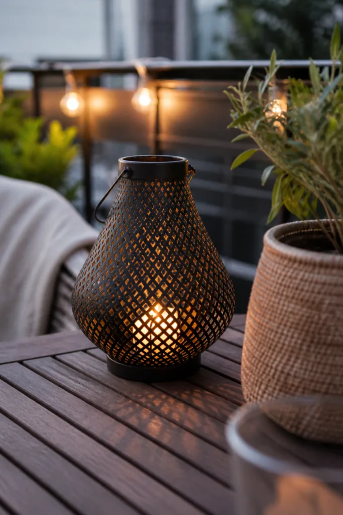Deko draußen Licht Balkon Terrasse mit Laterne und warmem Licht am Abend