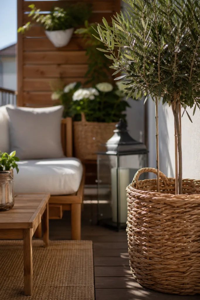 Deko draußen mit Zonen: strukturierter Balkon mit Sitzbereich, Pflanzen und ruhigem Hintergrund