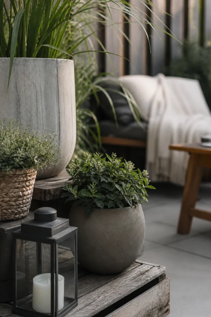 Deko draußen mit Höhen und Ebenen auf Terrasse mit Pflanzen und Töpfen