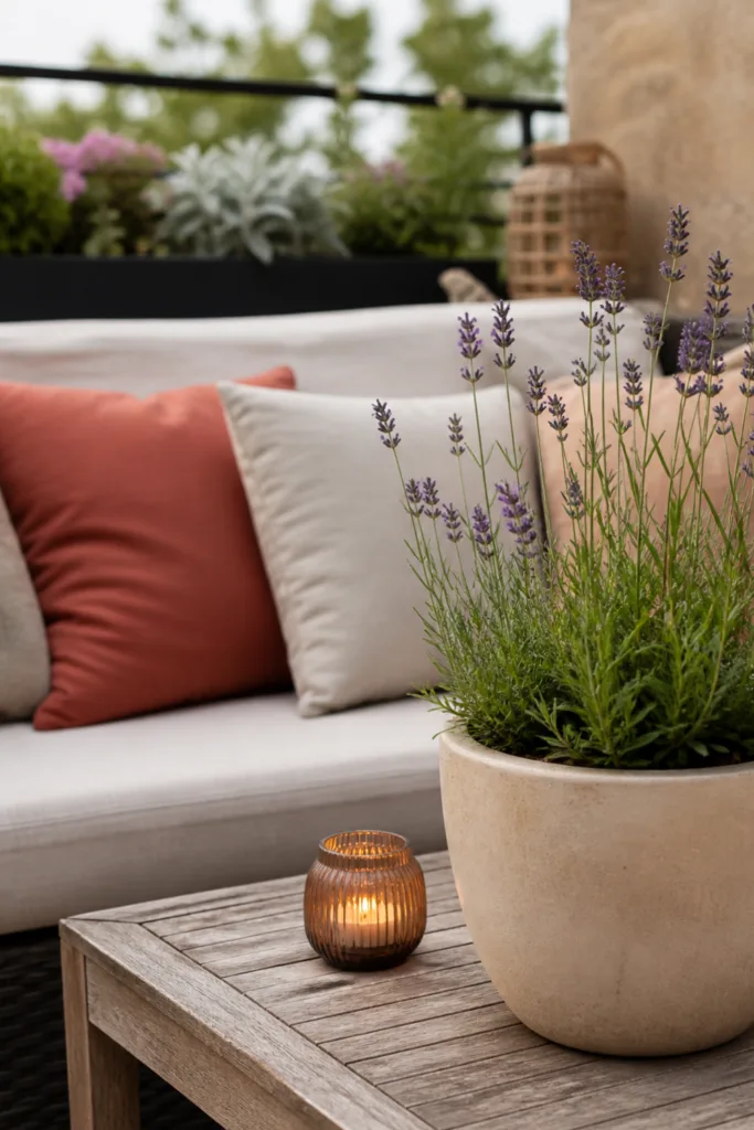 Deko draußen mit Farbharmonie auf Balkon und Terrasse mit Pflanzen und warmen Naturtönen