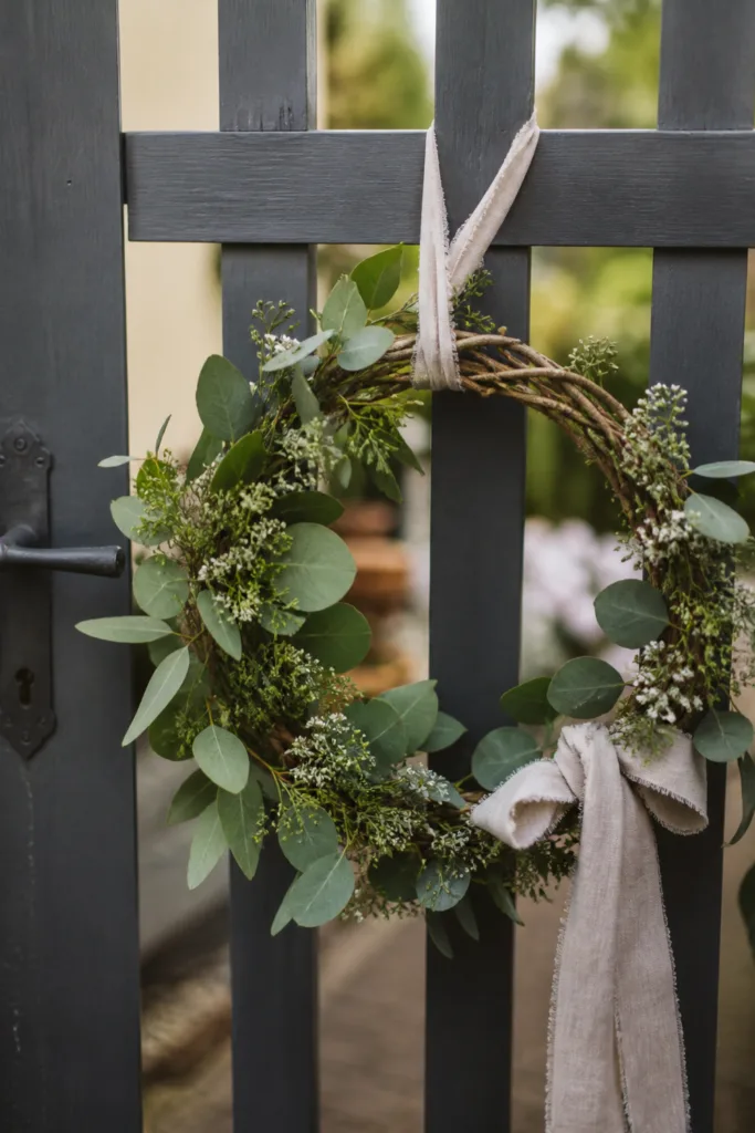 Gartentor Deko im Mai mit natürlichem Kranz aus Eukalyptus und Blüten an Holz- oder Metalltor befestigt
