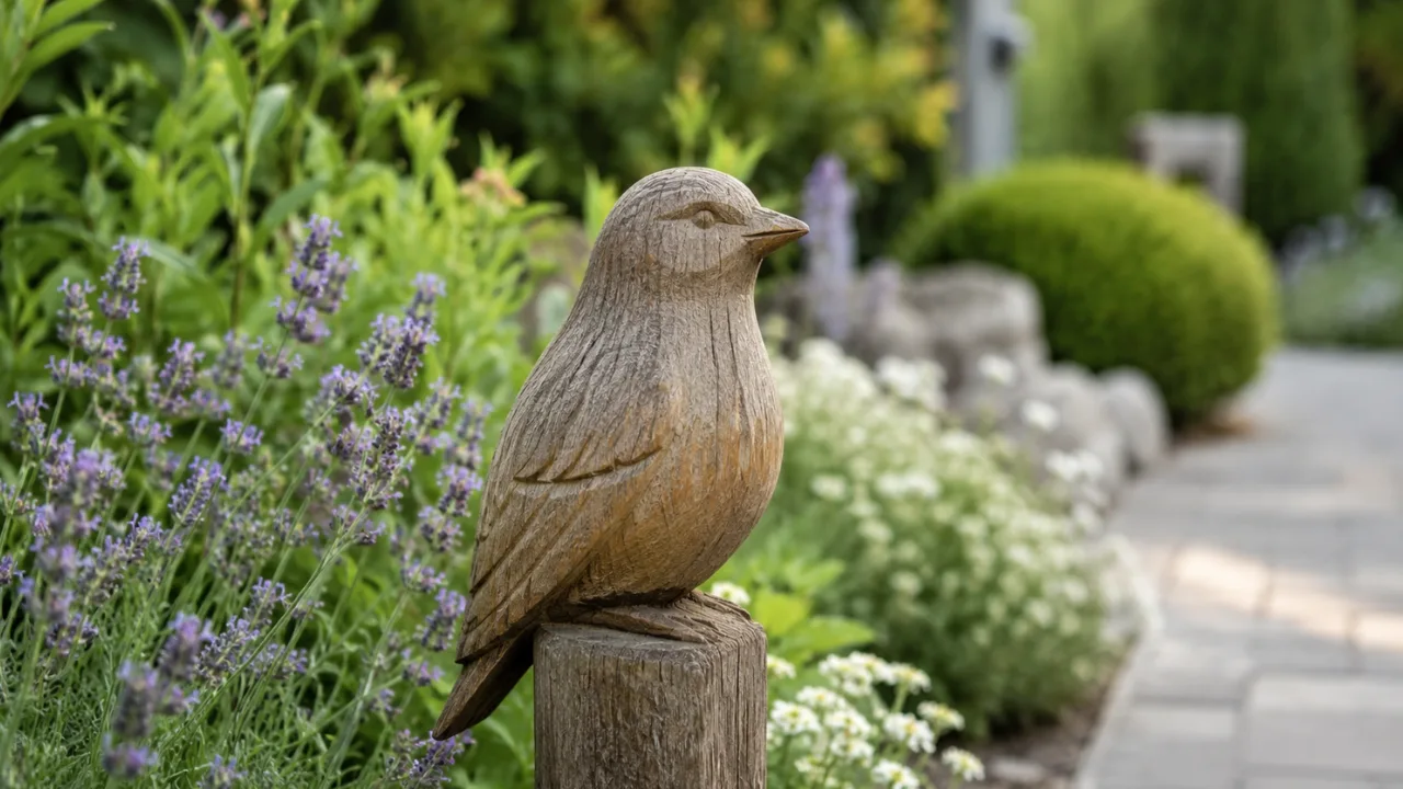 Gartendeko mit Holzfiguren entlang eines Gartenwegs zwischen Lavendel und blühenden Stauden.