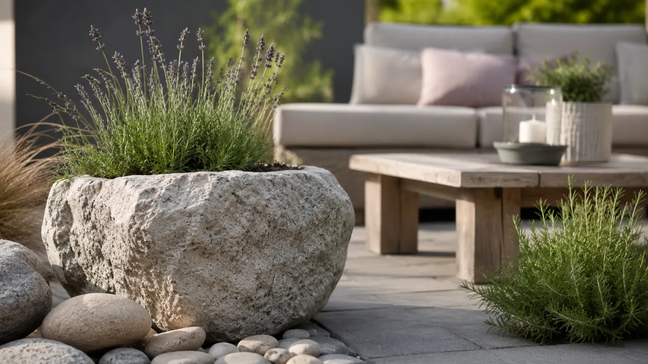 Terrassendeko mit Natursteinen als Blickfang zwischen Pflanzen und gemütlichem Sitzbereich auf der Terrasse.