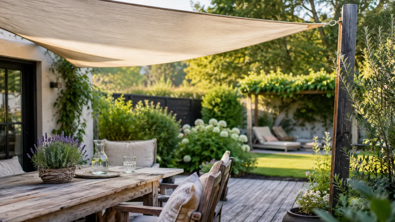 Sommerdeko für den Garten mit Sonnensegel als schattenspendender Sitzplatz auf einer Terrasse.