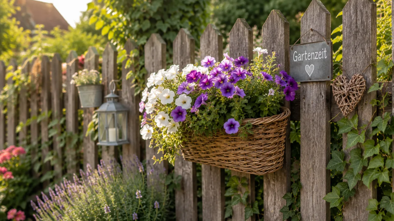 Gartenzaun Deko im Juli mit Blumenkasten, Laterne und sommerlicher Gartengestaltung am Holzzaun.
