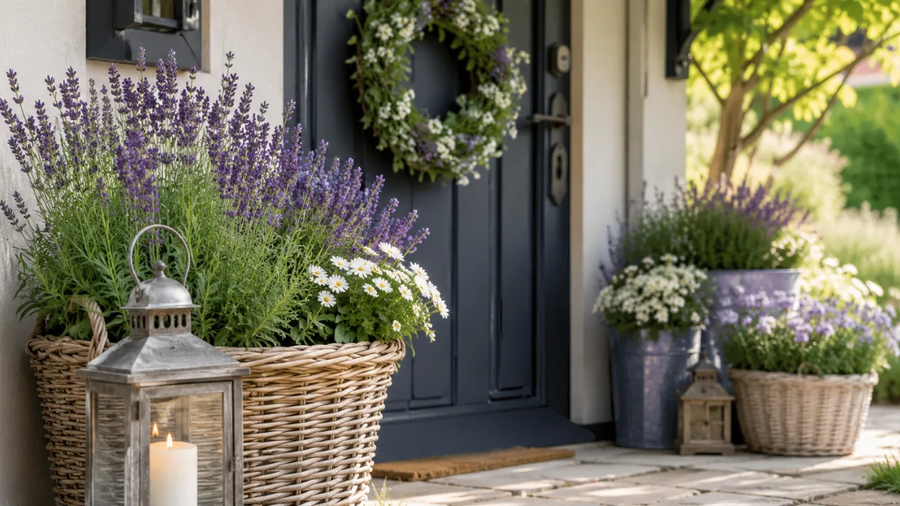 Haustür Deko für den Juni mit Lavendel, Pflanzkübeln, Türkranz und sommerlicher Eingangsgestaltung.