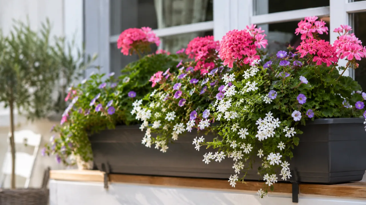 Blumenkasten bepflanzen im Juni mit Geranien und Sommerblumen am Fensterbrett.