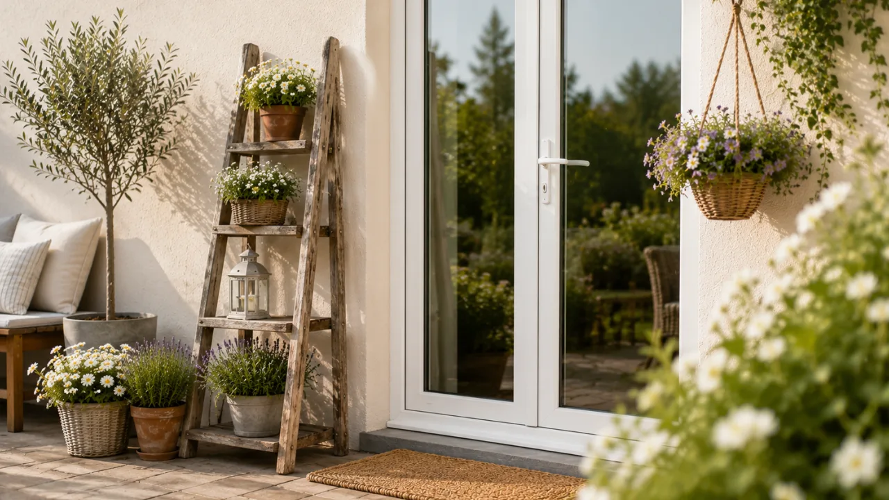 Terrassentürdeko im Juni mit Holzleiter, Sommerblumen und bepflanzter Terrassentür im Garten.