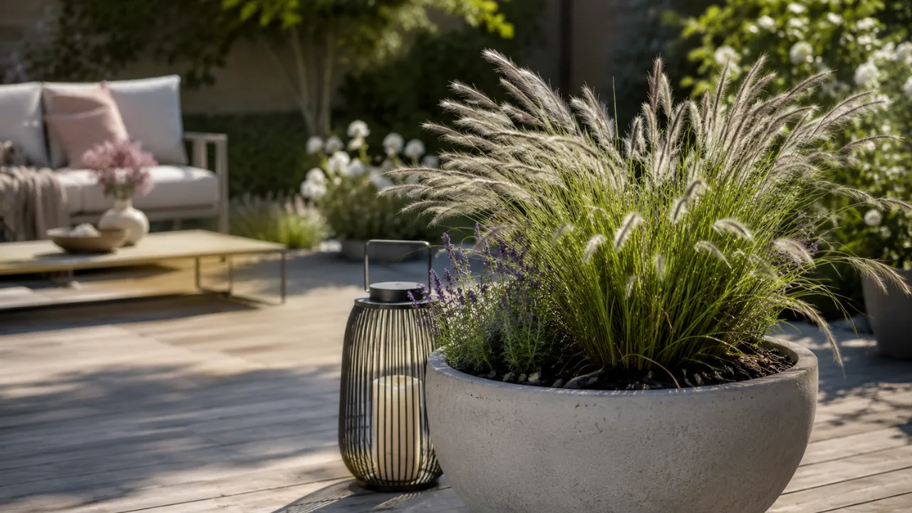 Moderne Gartendeko im Juni mit Pflanzgefäß, Ziergras und Laterne auf stilvoller Terrasse.
