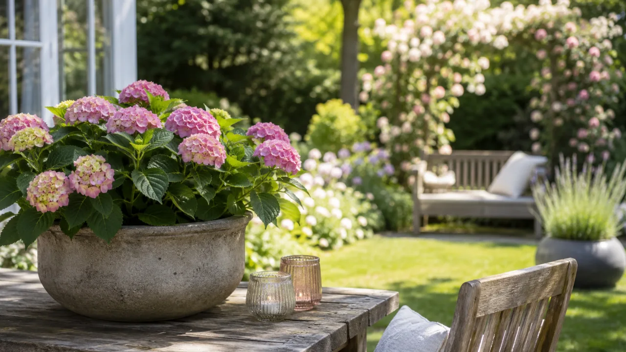 Deko für einen großen Garten im Juni mit Hortensien, Gartenbank und dekorativen Pflanzgefäßen.