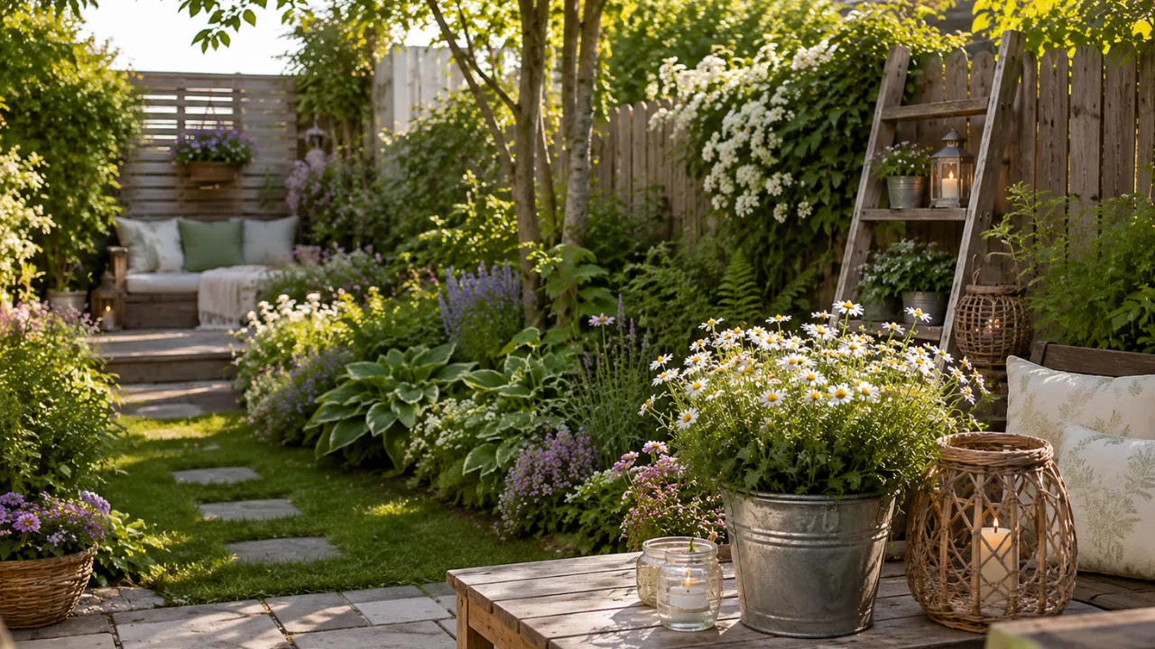 Kleiner Garten im Juni mit Gartendeko, Laternen, Blumen, Holzleiter und gemütlicher Sitzecke.