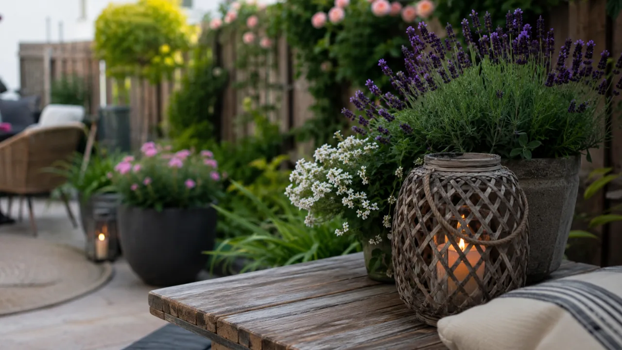 Reihenhausgartendeko im Juni mit Pflanzkübeln, Laterne und gemütlicher Sitzecke im kleinen Garten.