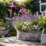 Schrebergartendeko im Juni mit bepflanzter Zinkwanne, Lavendel und Sommerblumen im Kleingarten.