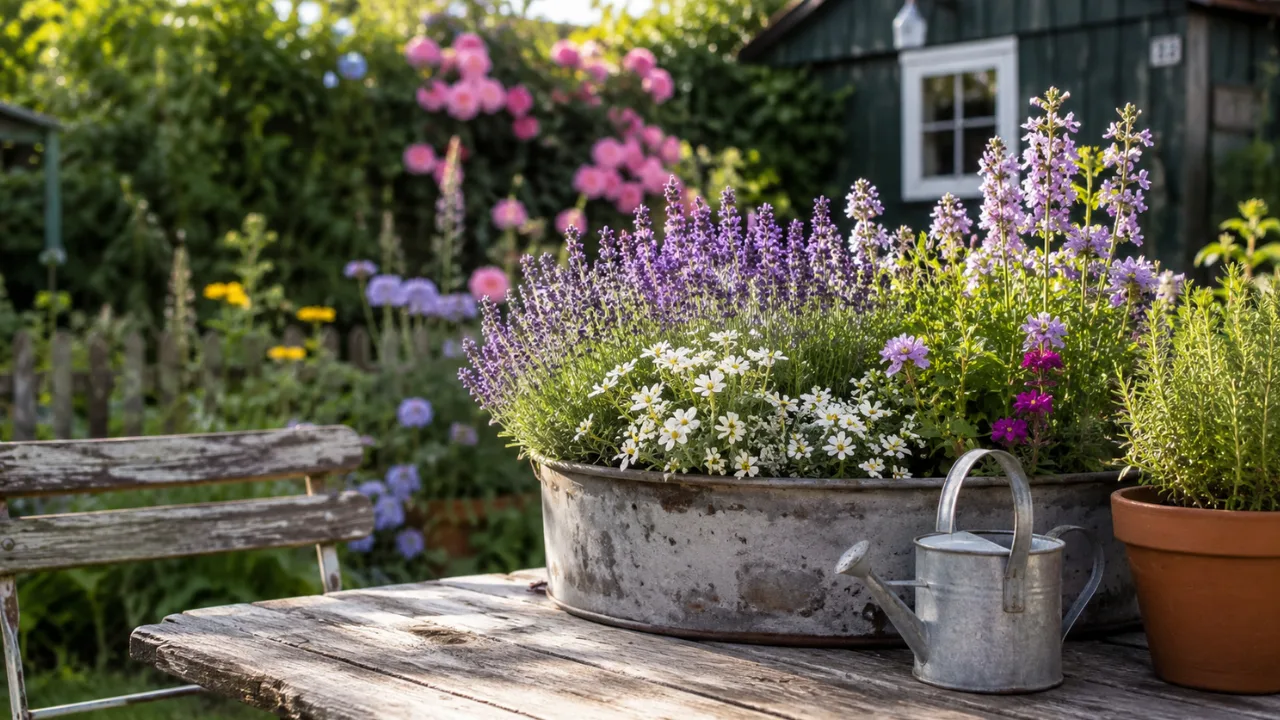 Schrebergartendeko im Juni mit bepflanzter Zinkwanne, Lavendel und Sommerblumen im Kleingarten.