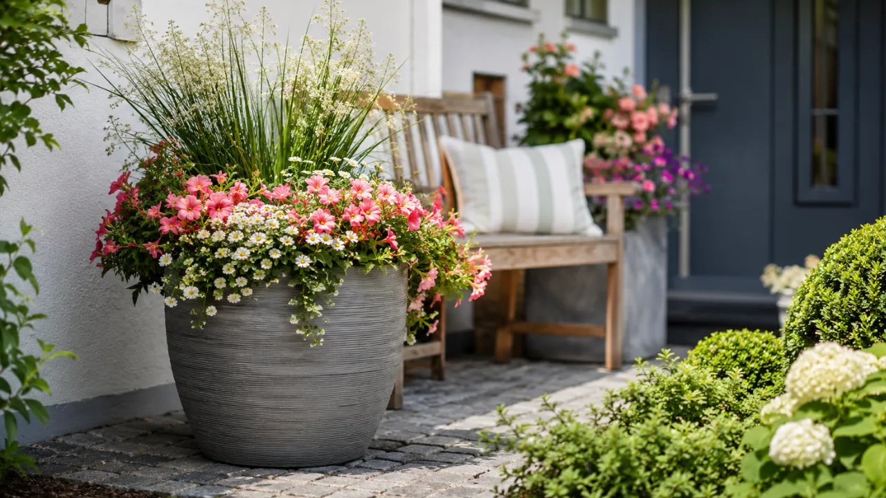 Vorgartendeko im Juni mit großem Pflanzkübel, Sommerblumen und einladendem Hauseingang.