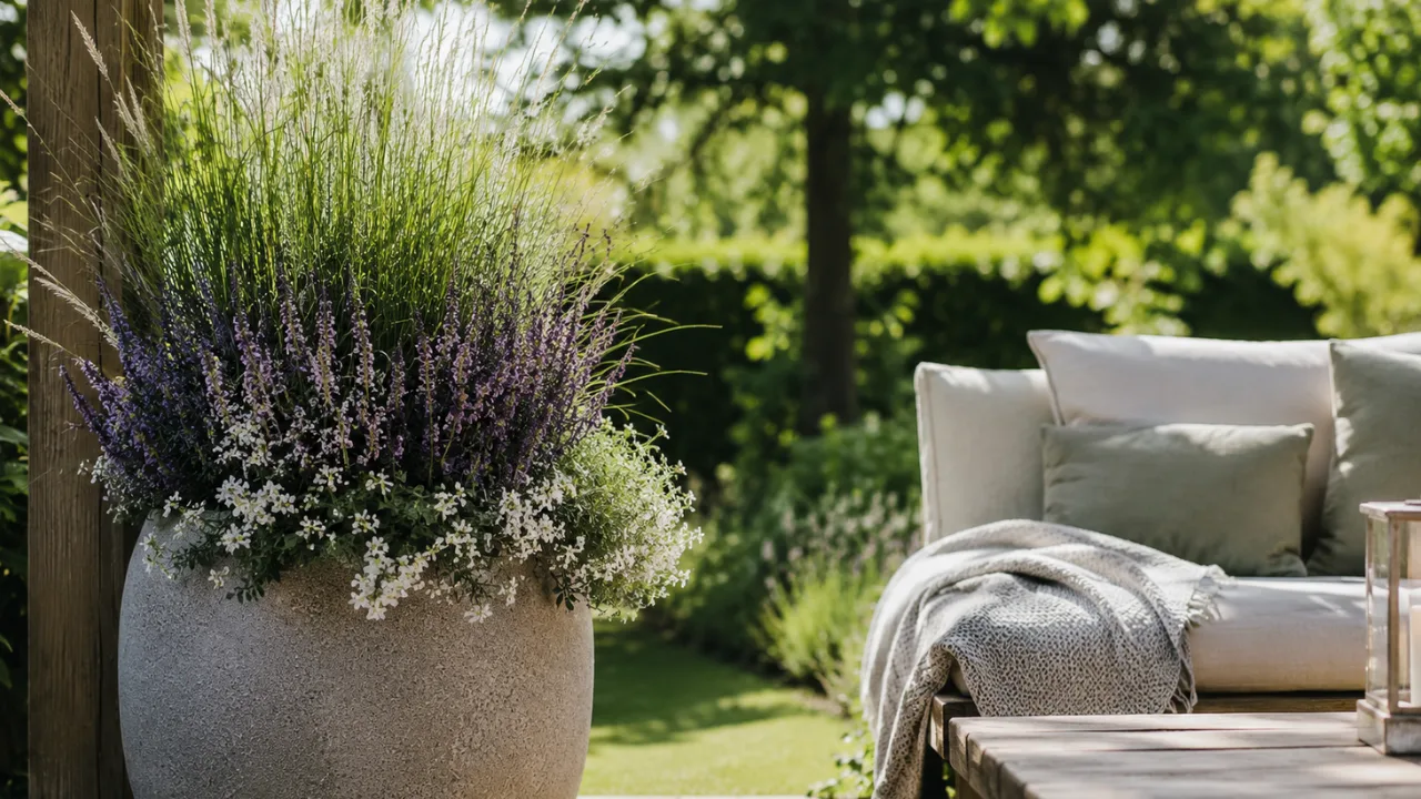 Großer Garten im Juni mit dekorativem Pflanzgefäß, Sitzplatz und stimmungsvoller Gartendeko.