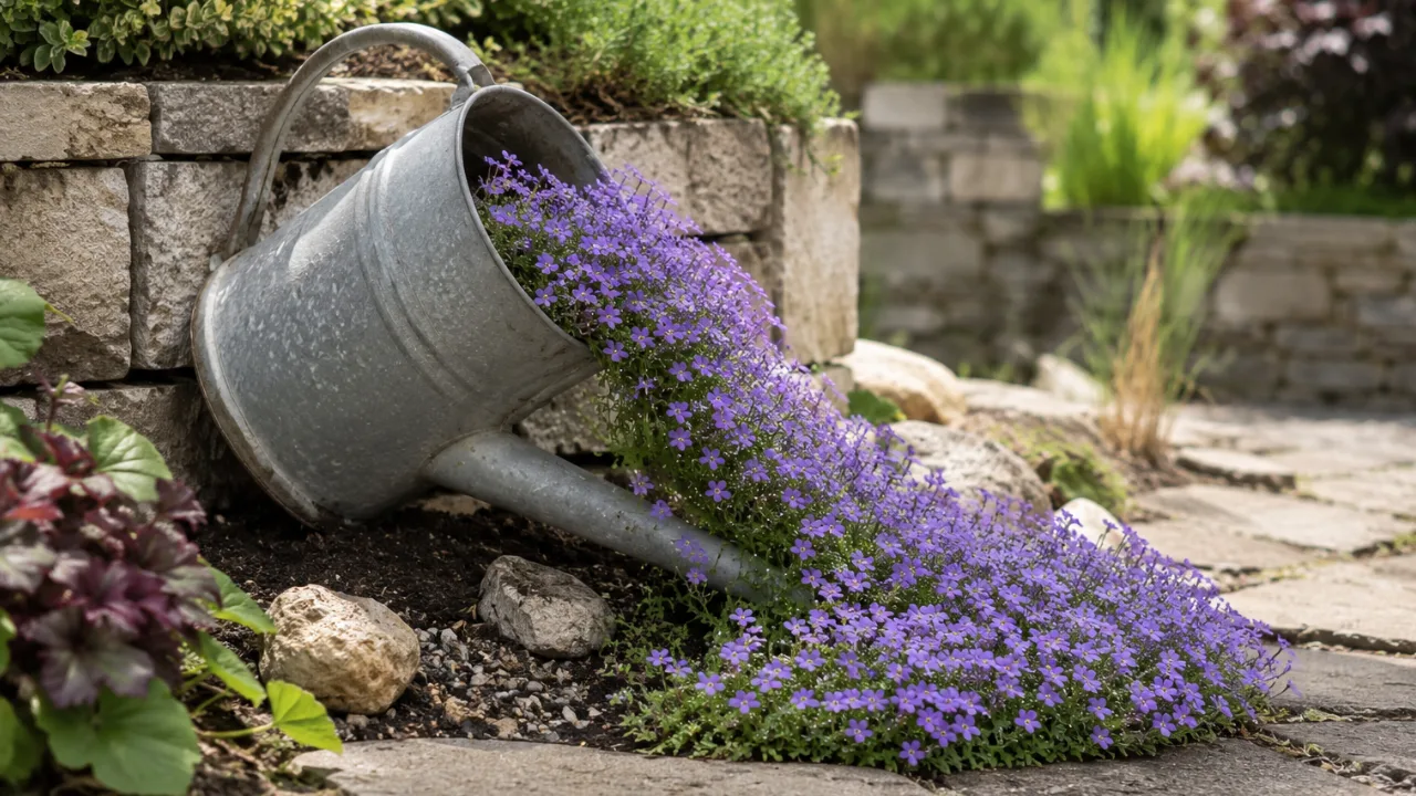 Gartendeko mit alter Gießkanne und Blumenfluss als dekorativer Blickfang im Gartenbeet.