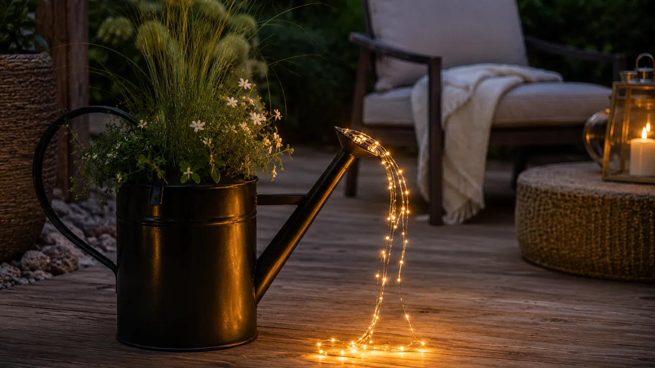 Neue Gießkanne mit LED-Lichterkette als Gartendeko auf beleuchteter Terrasse am Abend.