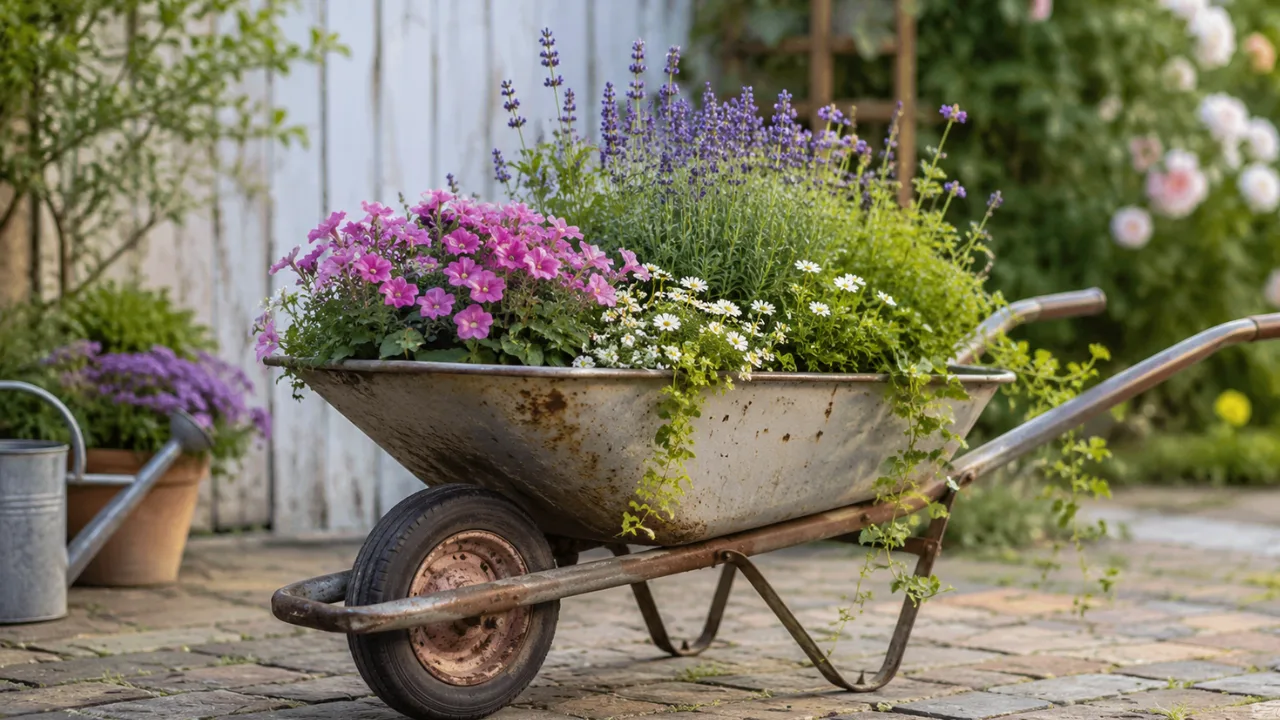 Gartendeko mit alter Schubkarre voller Blumen als dekorativer Blickfang im naturnahen Garten.