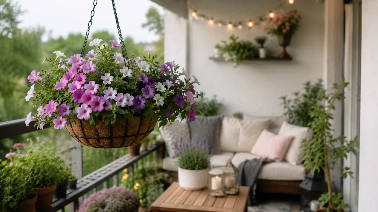 Deko für einen Balkon mit Dach im Juni mit Hängepflanzen, Lounge-Ecke und stimmungsvoller Gestaltung.