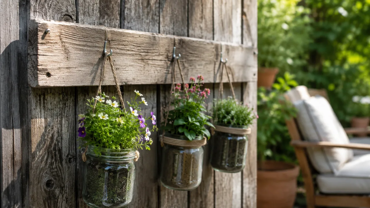 Gartendeko aus alten Zaunlatten mit bepflanzten Gläsern an rustikalem Holzzaun im Garten.