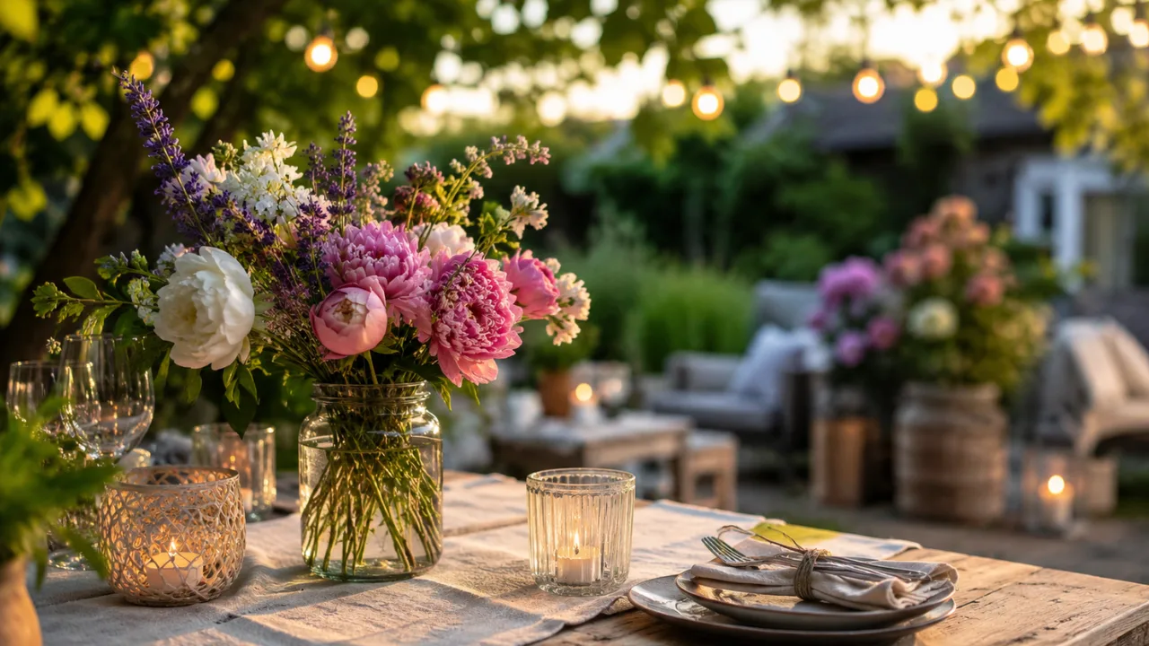 Deko für Gartenparty im Juni mit Blumen, Windlichtern und gemütlicher Gartentafel im Abendlicht.