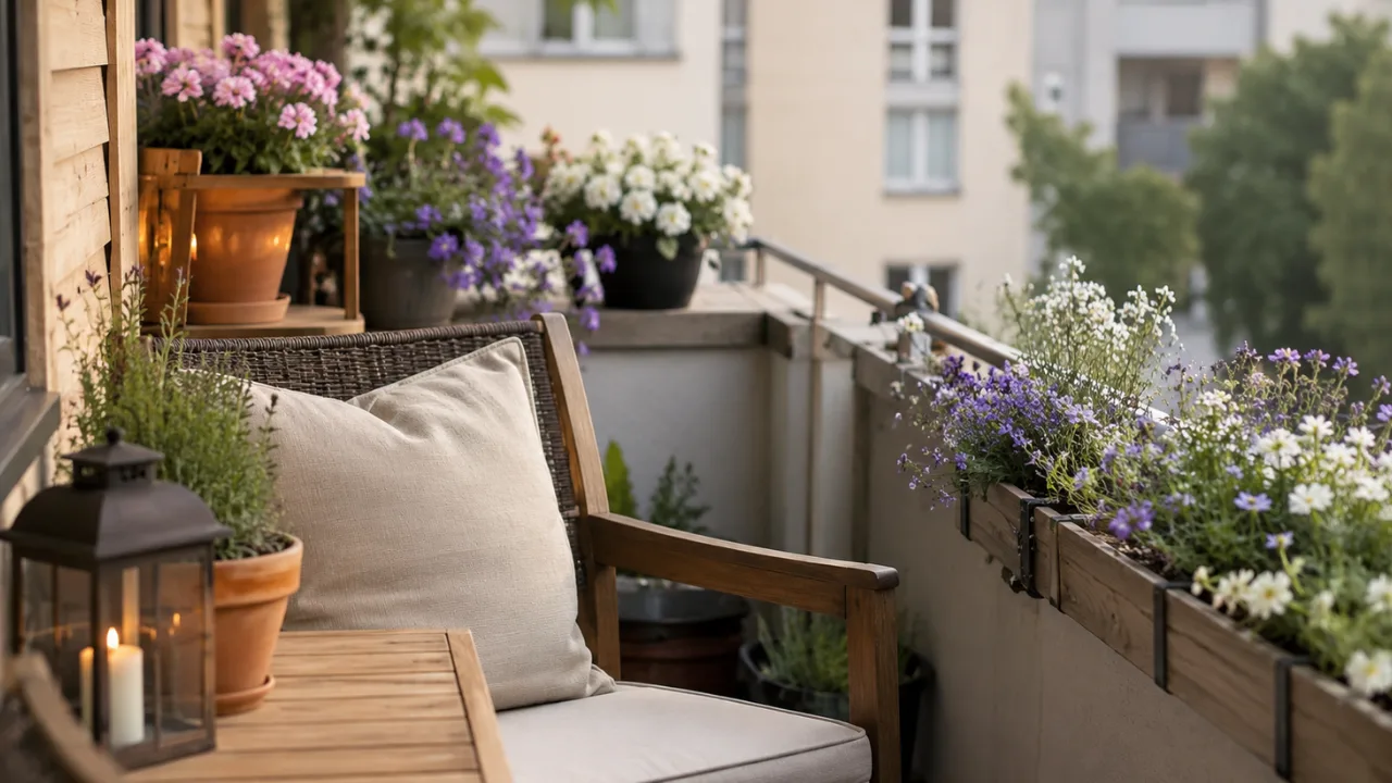 Deko für einen kleinen Balkon im Juni mit Sommerblumen, Holzmöbeln und natürlicher Balkongestaltung.