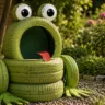 Gartendeko aus alten Reifen als Froschfigur im naturnahen Garten mit Kiesfläche und Pflanzen.