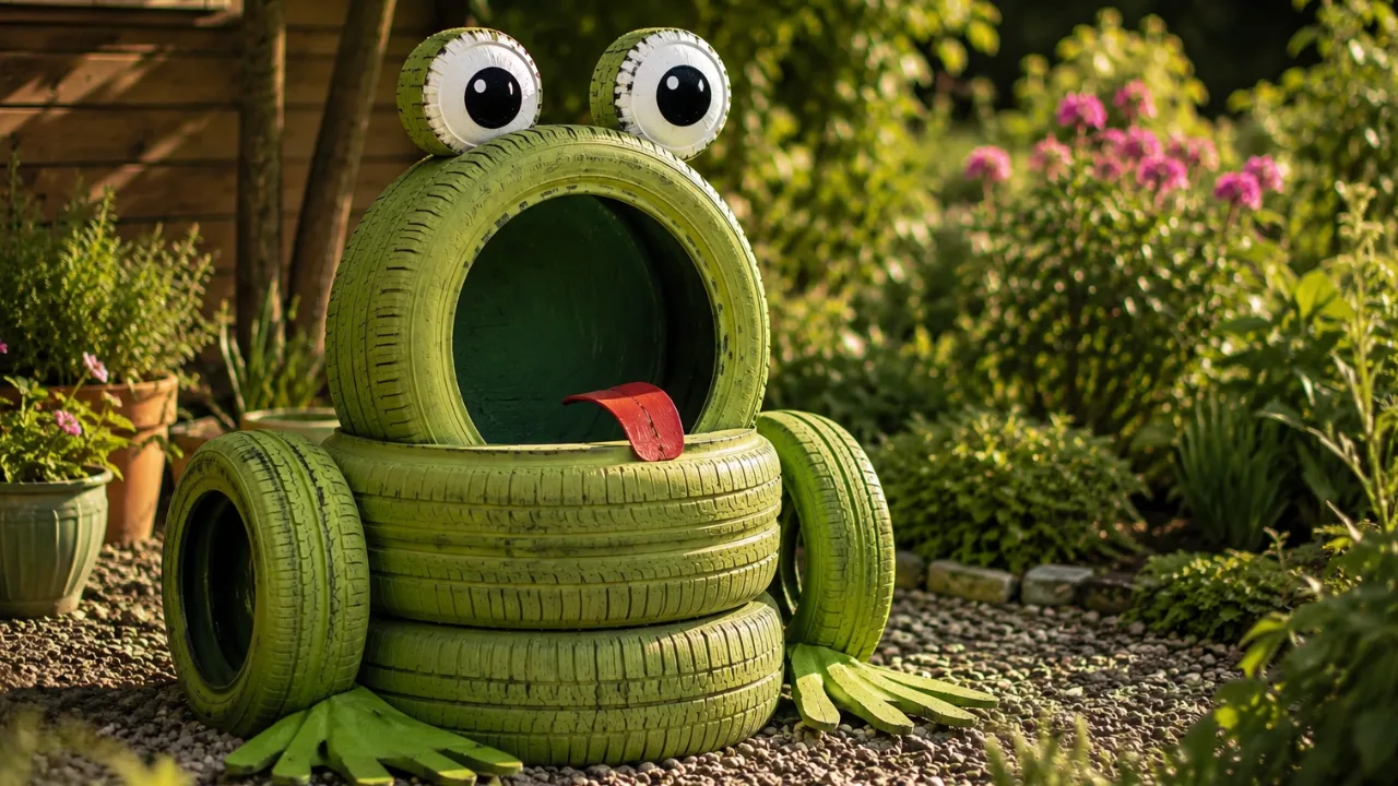 Gartendeko aus alten Reifen als Froschfigur im naturnahen Garten mit Kiesfläche und Pflanzen.